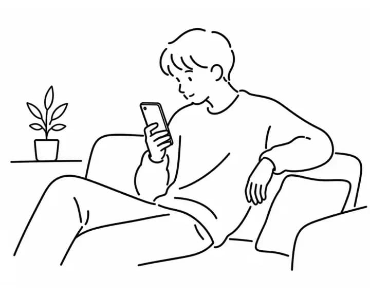 ソファでスマホを見るイラスト
