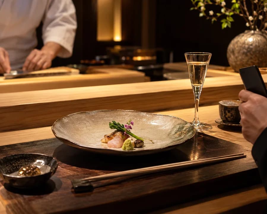 割烹のカウンターで、日本酒と一皿の記録を残す