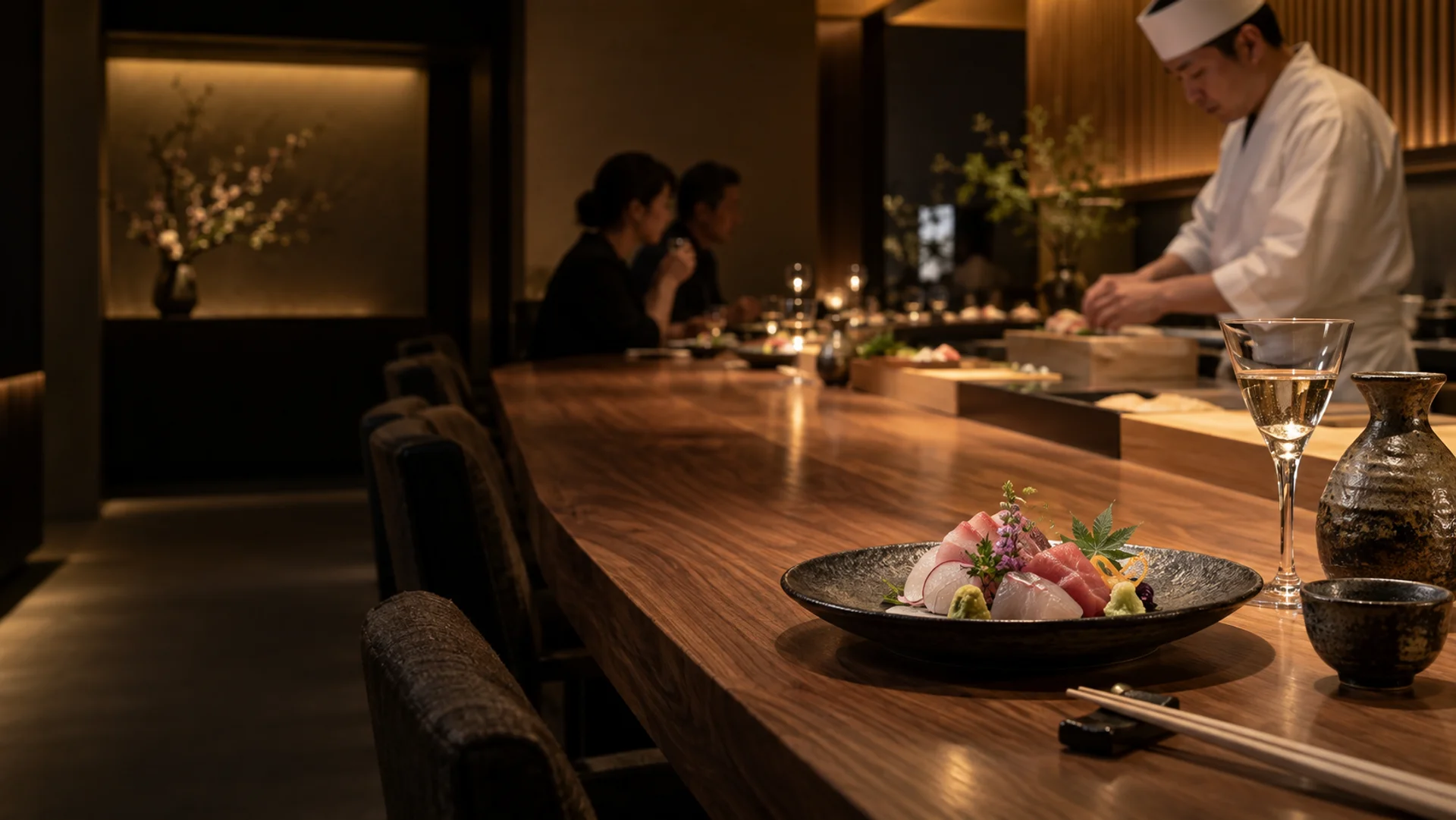 繊細な日本料理と日本酒を楽しむ、落ち着いた割烹のカウンター