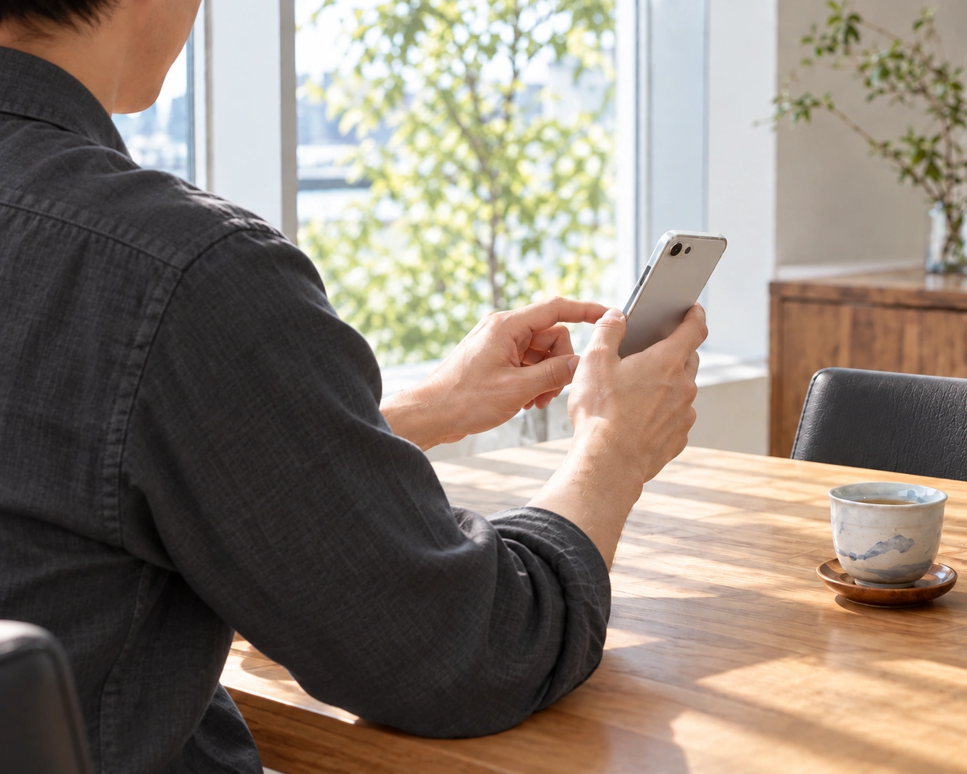 明るい部屋で、一人でスマートフォンからお店を選ぶ男性の手元
