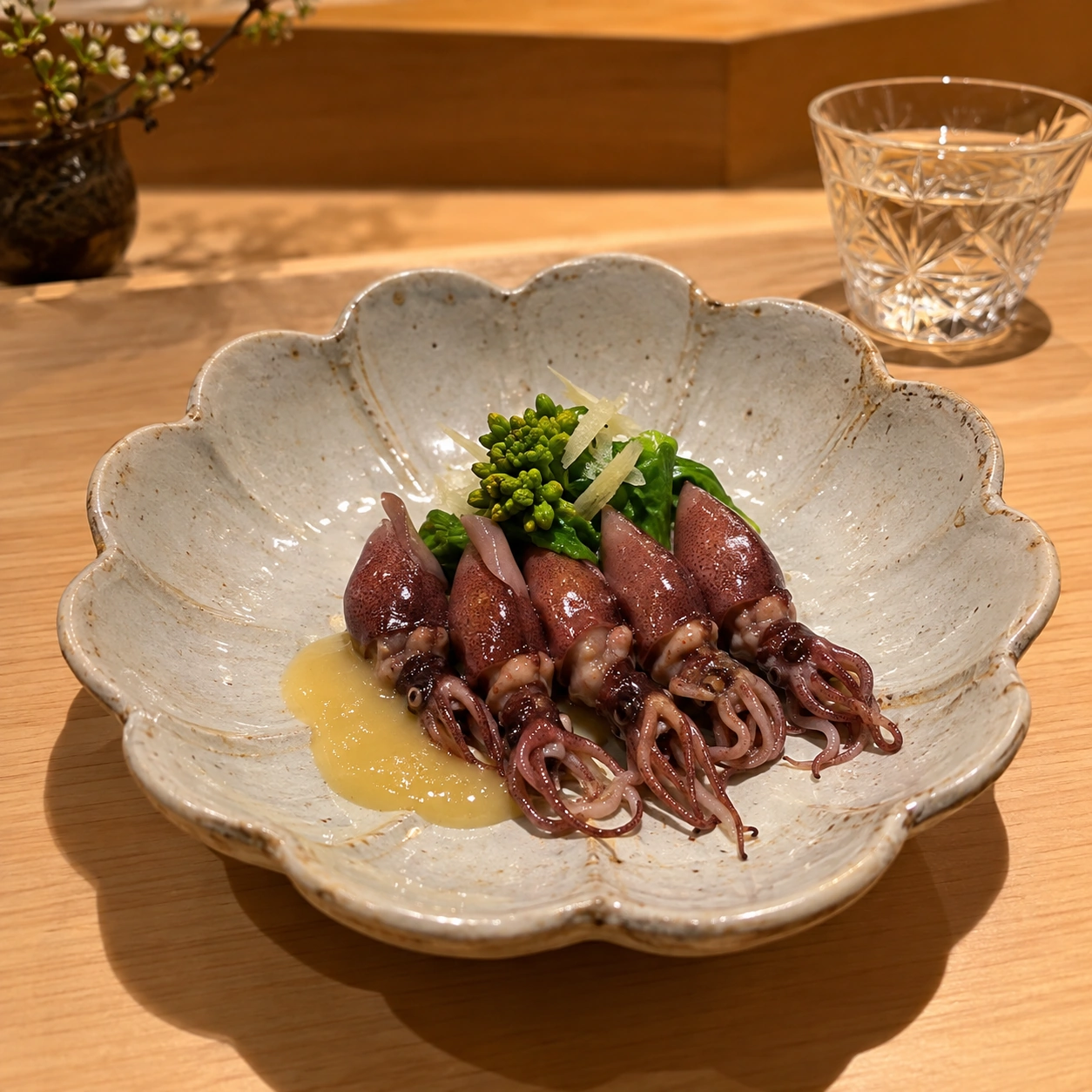 酢味噌と春の青菜を添えたホタルイカの一皿