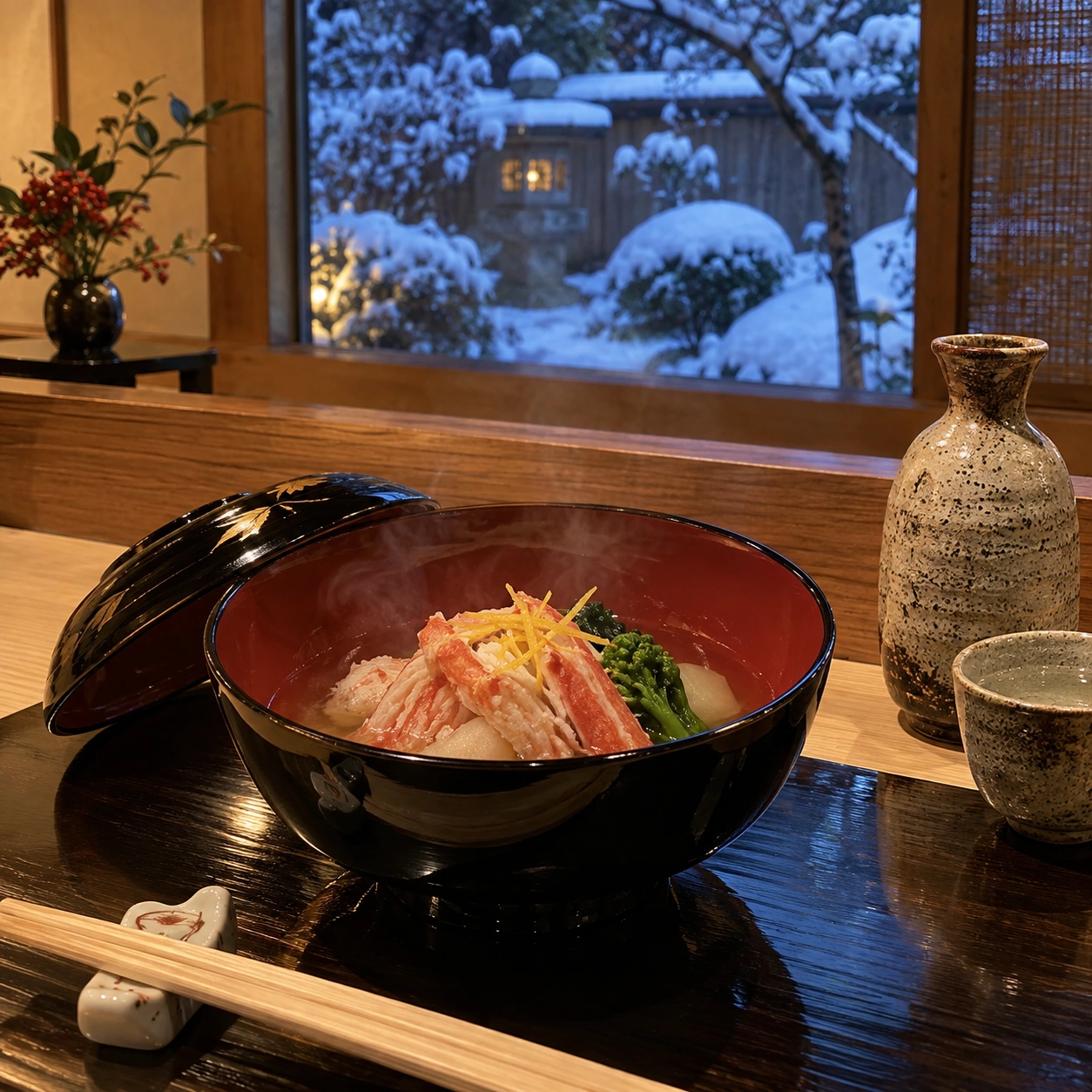 雪景色を眺めながら味わった、冬の蟹のお椀